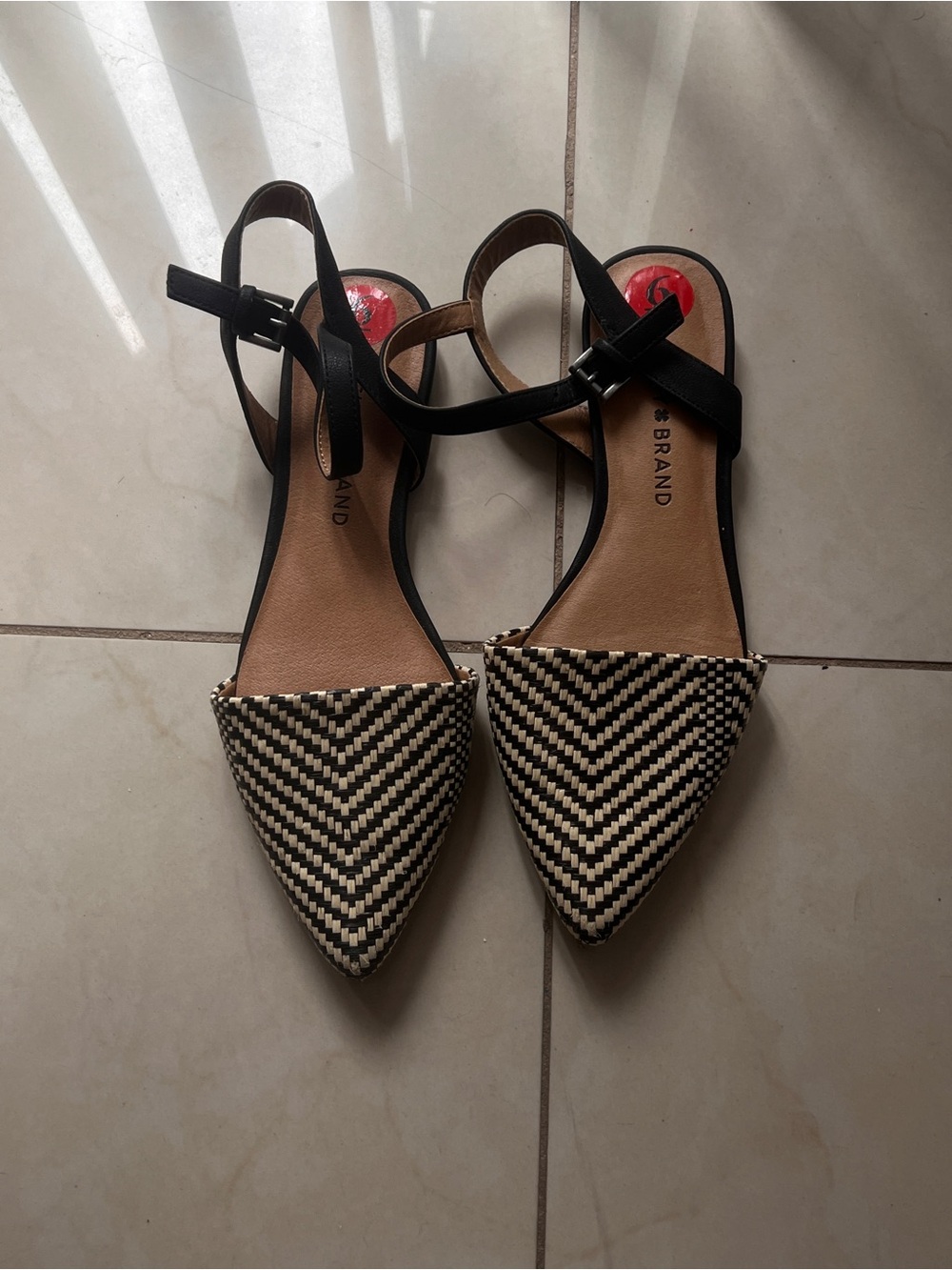 Lucky Brand Black & Cream Pointed-Toe Woven Ankle-Strap Flats
